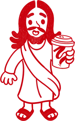 Ilustración de Jesús con un vaso de Samar Coffee